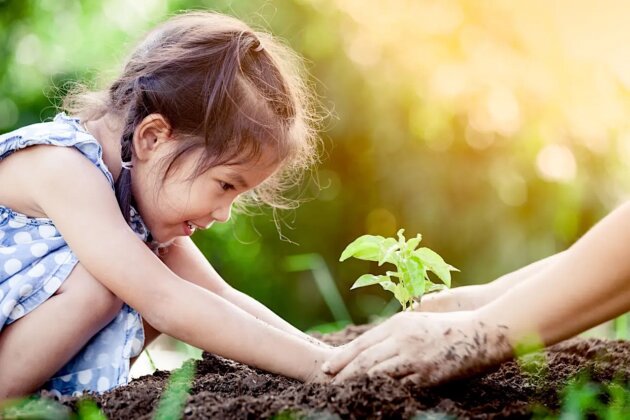 Asian little girl and parent planting young tree on black soil together as save world concept in vintage color tone Asian little girl and parent planting young tree on black soil together as save world concept in vintage color tone
