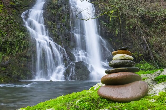 Harmony and balance, Rock Stack in front of waterfall. Urumea river in Basque Country. Harmony and balance, Rock Stack in front of waterfall. Urumea river in Basque Country.